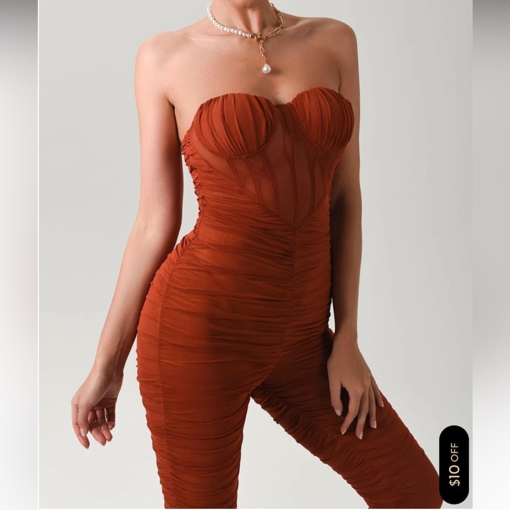 Strapless Ruched Jumpsuit in Rust - Picture 5 of 14